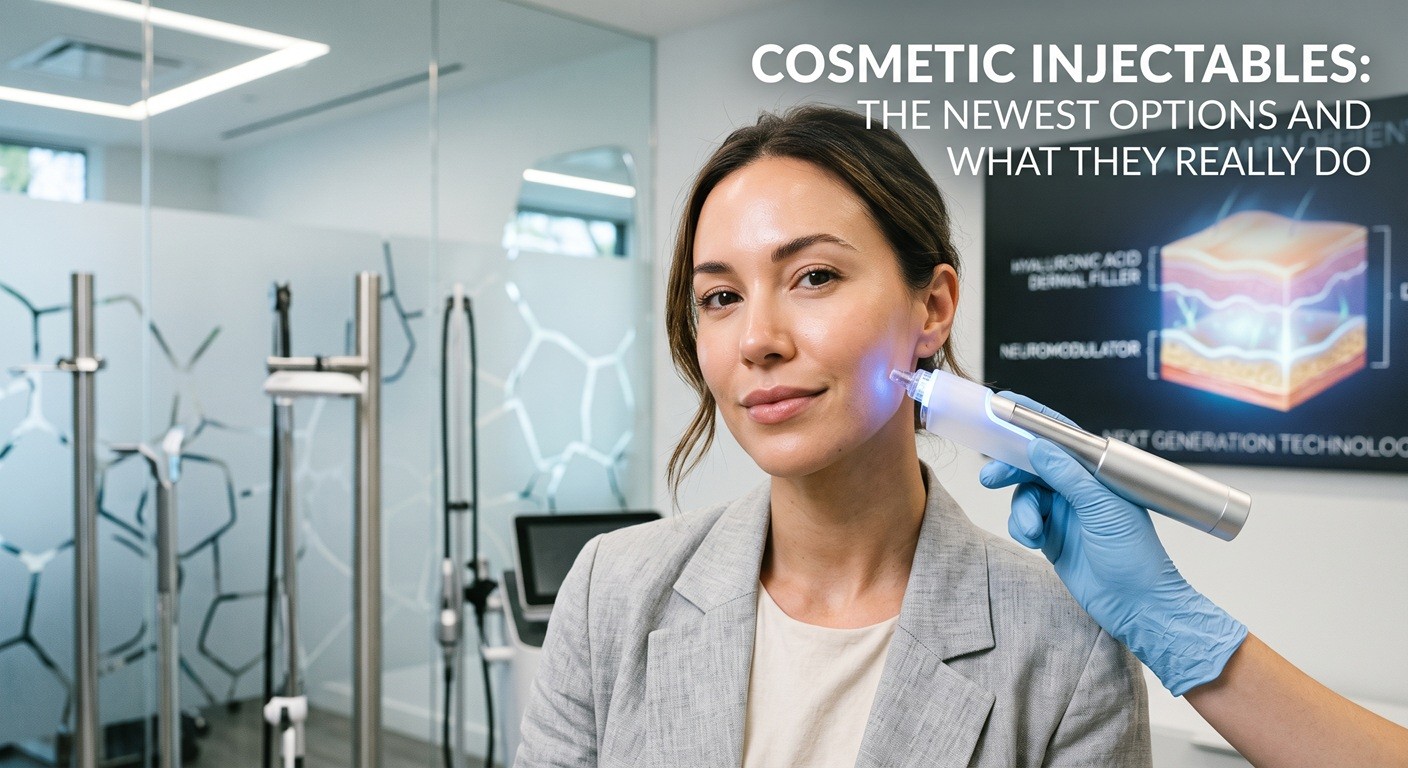 A woman looks at the camera while a hand in a blue glove uses a medical injector device with a blue light on her cheek, set within a modern clinical office featuring educational displays about skin fillers.